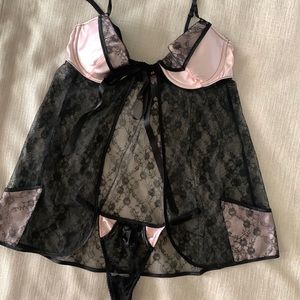 Victoria’s Secret black lace/pink satin baby doll and thong panty